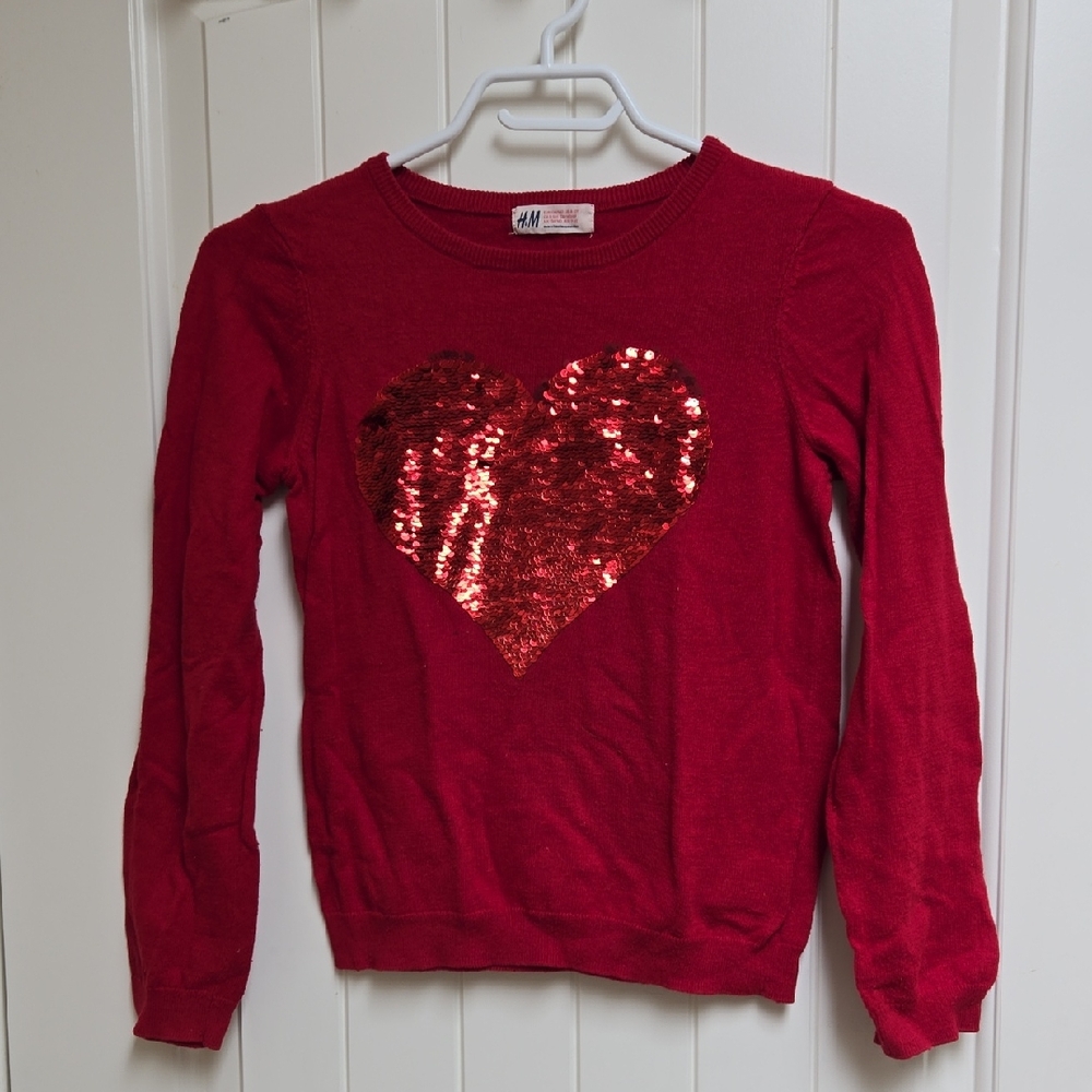H&M Children Red Pullover Long Sleeve with Sequin Heart size 8-10 year Sequins